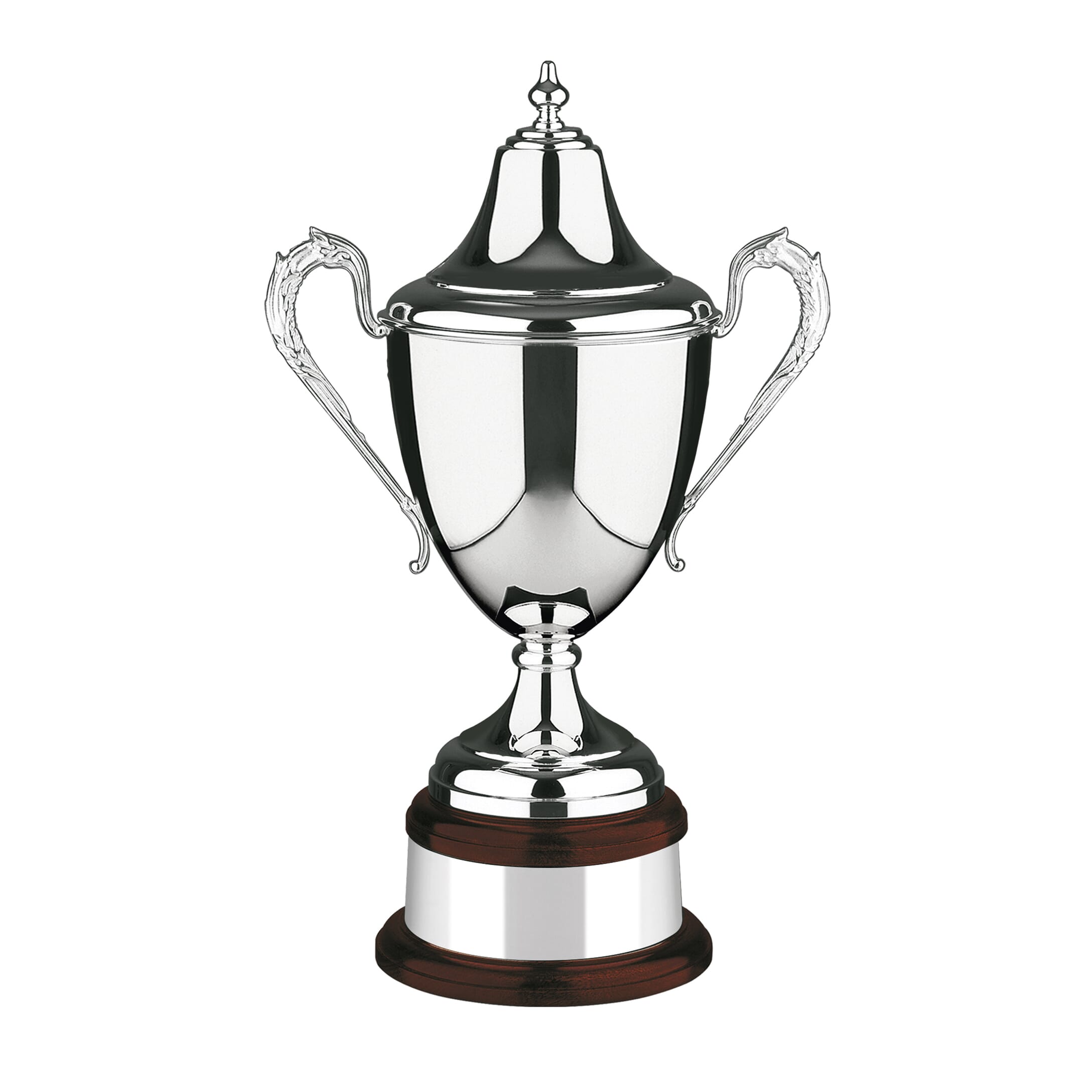 Silver-plated Riviera Golf Challenge Cup, mounted on a curved mahogany finish base and topped with a classic golfer figurine