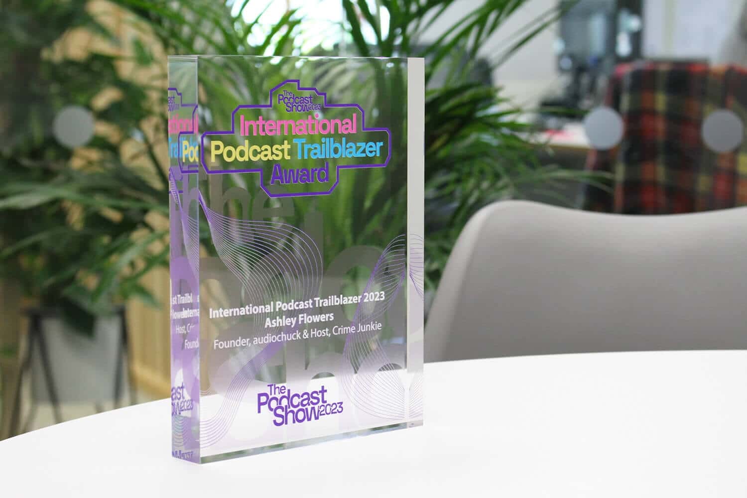 Custom trophy for International Podcast Trailblazer Award