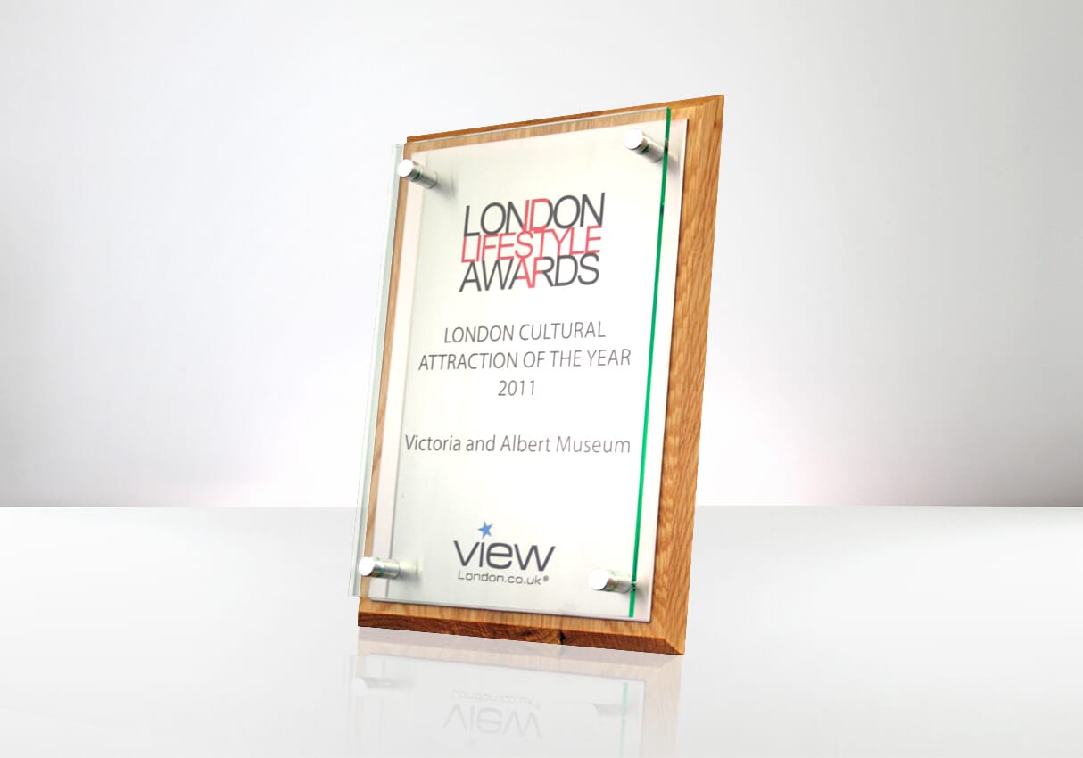 Light oak, aluminium and acrylic wall plaque for the London Lifestyle Awards