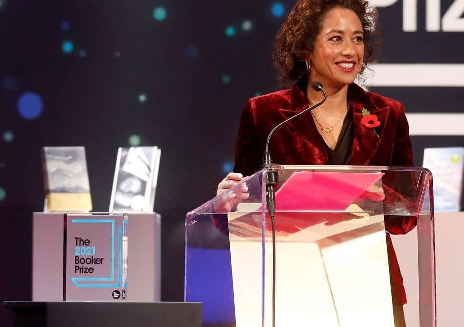 Booker-Prize-2021-Trophy-on-Stage-Host-Samira-Ahmed-c-PA-Dave-Parry