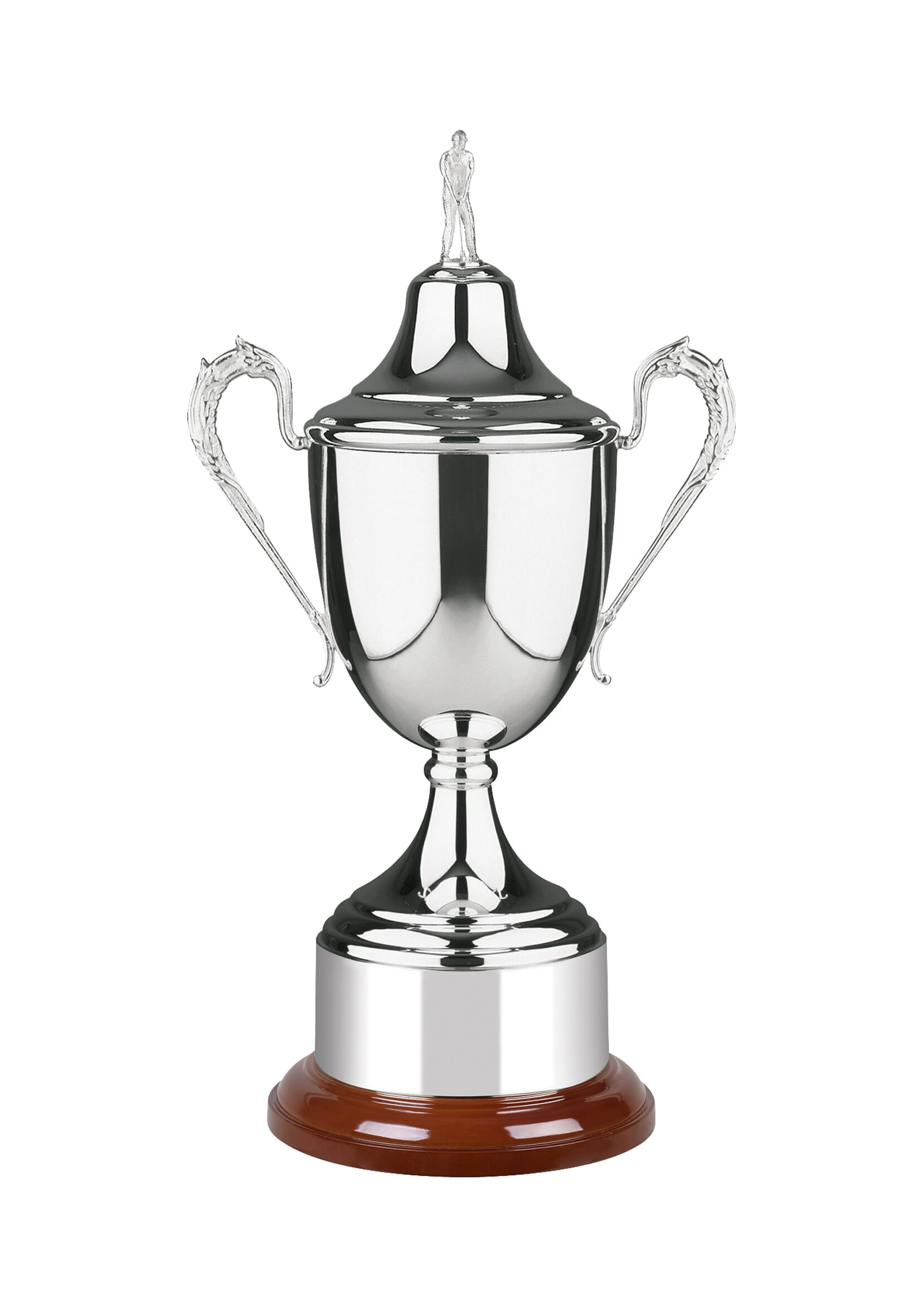 The Links Golf Trophy stands on a rosewood finish curved base and is a traditional style cup with ornate handles, complete with lid topped with a classic golfer figurine