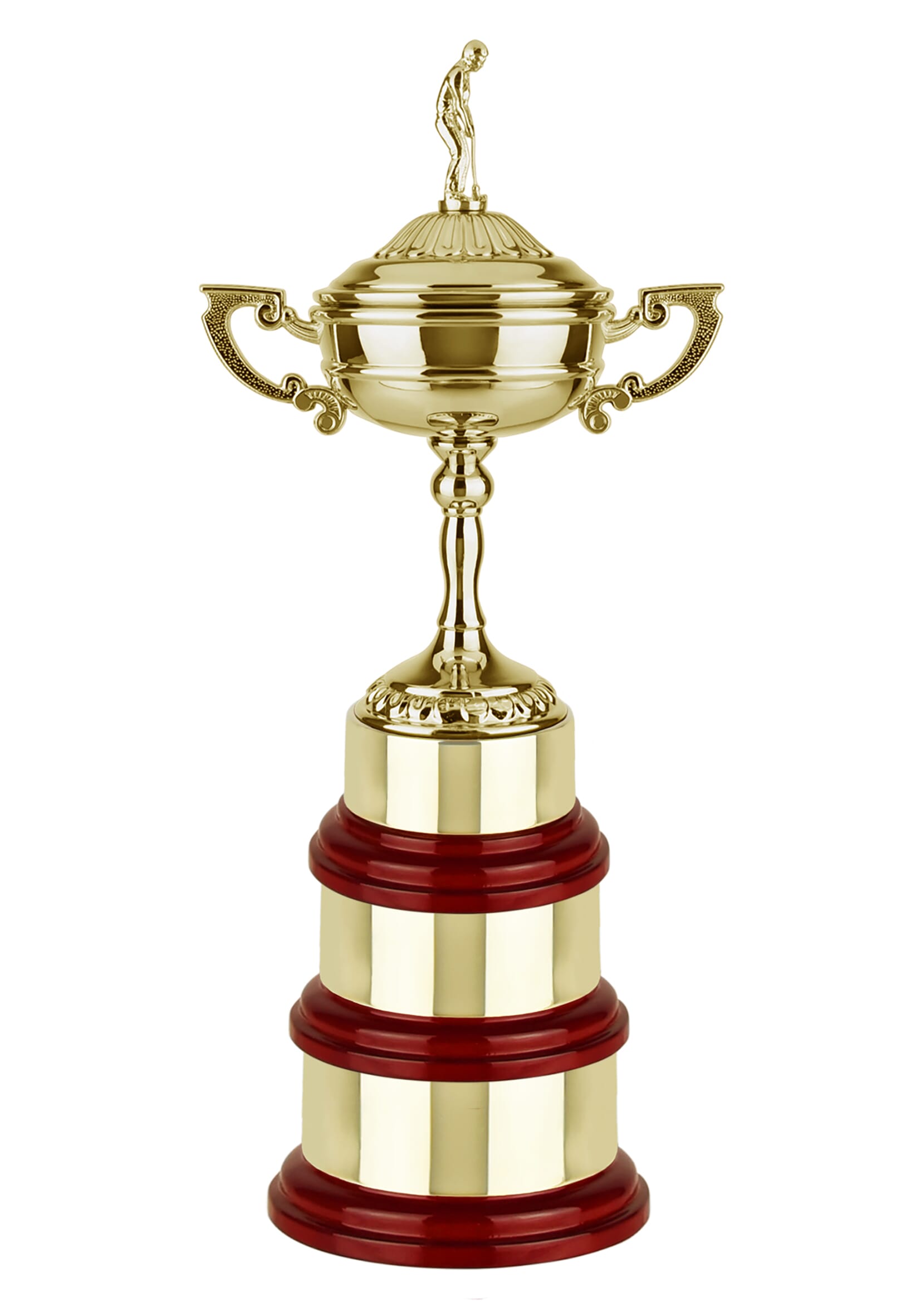 Golf trophy in a Loving Cup style with a tall stem and short trophy, mounted on a three tier rosewood base with covered plinth bands. Complete with lid topped with a classic golfer figurine