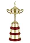Golf trophy in a Loving Cup style with a tall stem and short trophy, mounted on a three tier rosewood base with covered plinth bands. Complete with lid topped with a classic golfer figurine