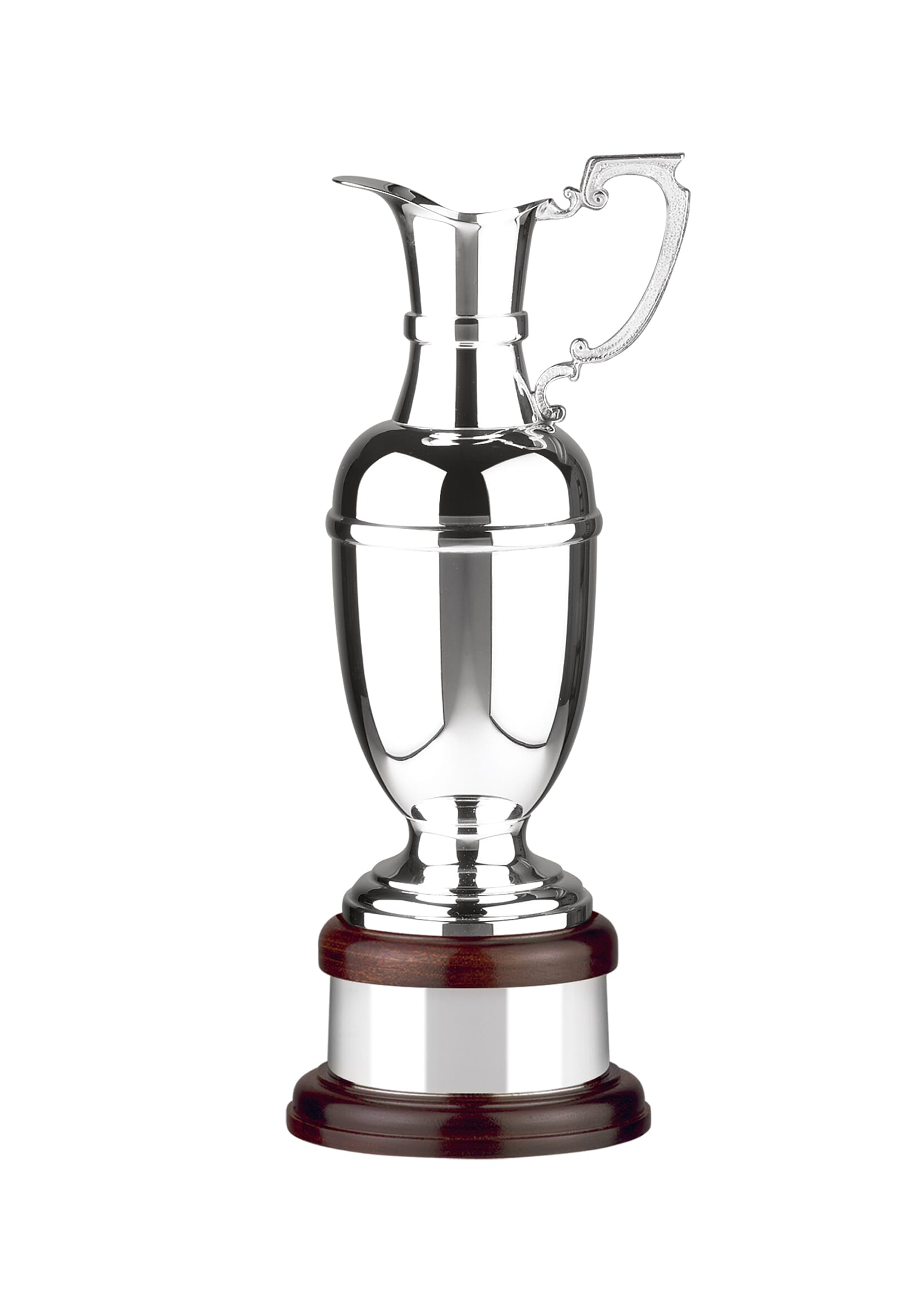 Classic silver plated claret jug trophy mounted on a mahogany stained solid wooden base