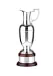 Classic silver plated claret jug trophy mounted on a mahogany stained solid wooden base