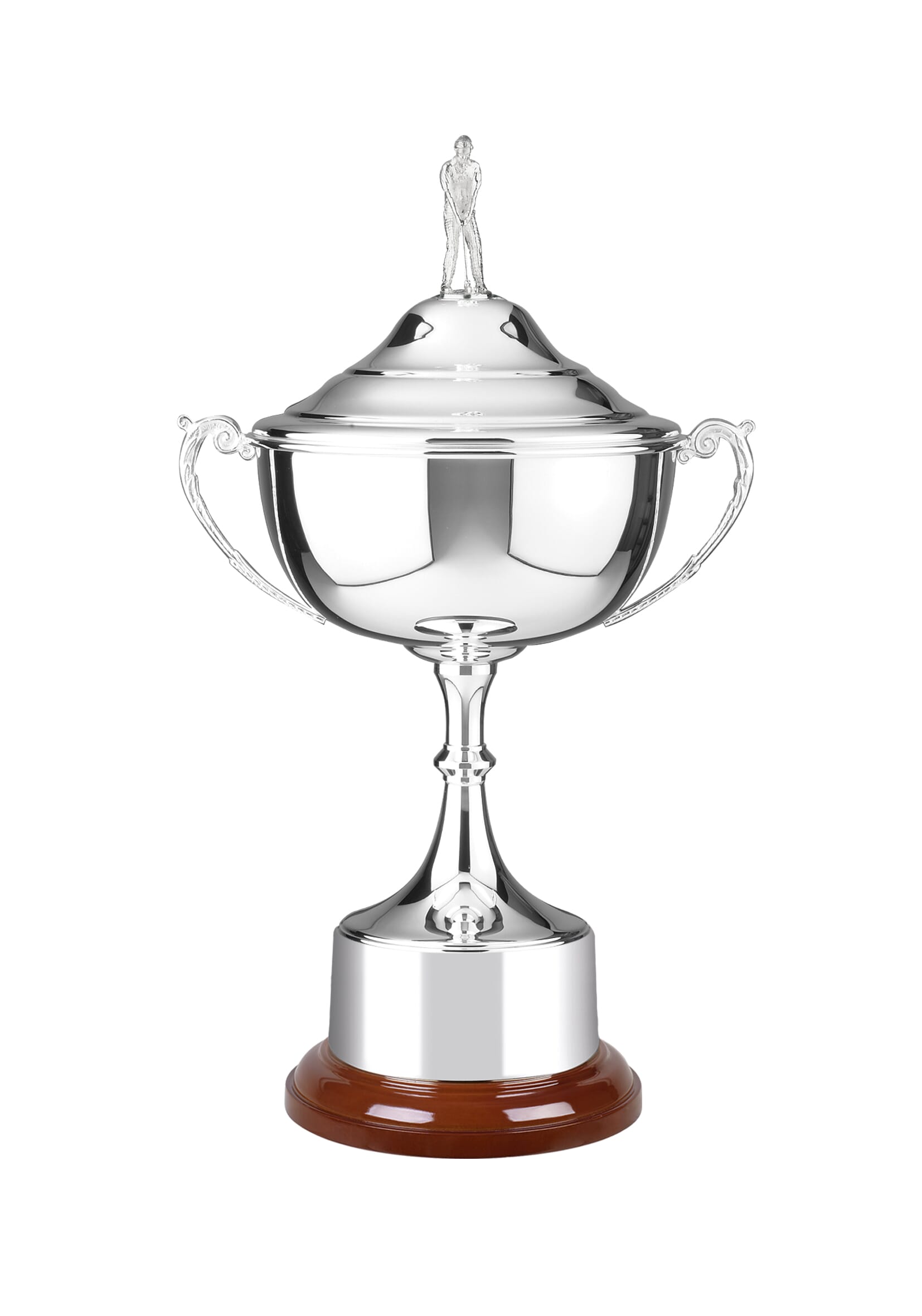 the silver canterbury golf trophy cup with golfing figure detail and rosewood finish base