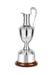 A classic silver claret jug style trophy mounted on a curved rosewood finish base with a silver plated plinth band