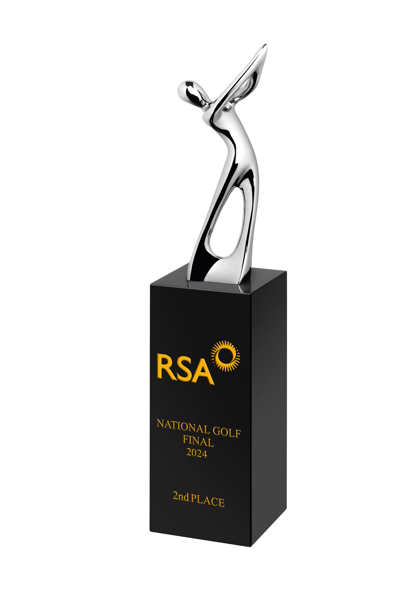 An abstract silver metal figurine resembling a golfer mid-swing mounted on a solid recangular black crystal base, with details engraved on the front and infilled with gold