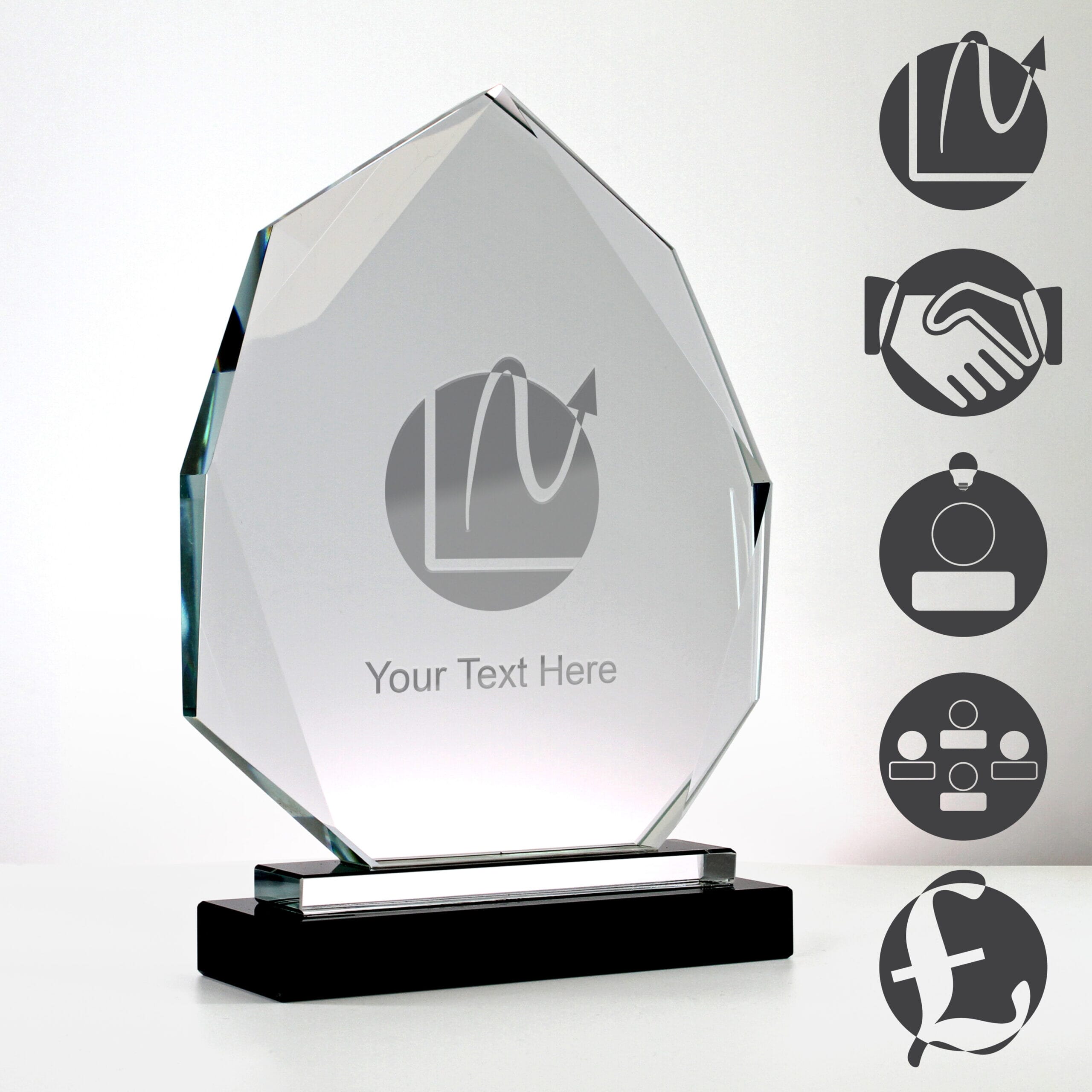 facetted crystal trophy mounted on a black glass base with examples of business and corproate engraving options