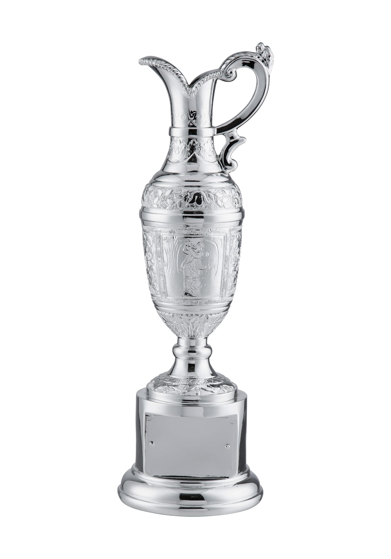 Claret jug trophy with a shiny electroplated silver finish. Mounted on an integrated base with space for an engraving plate