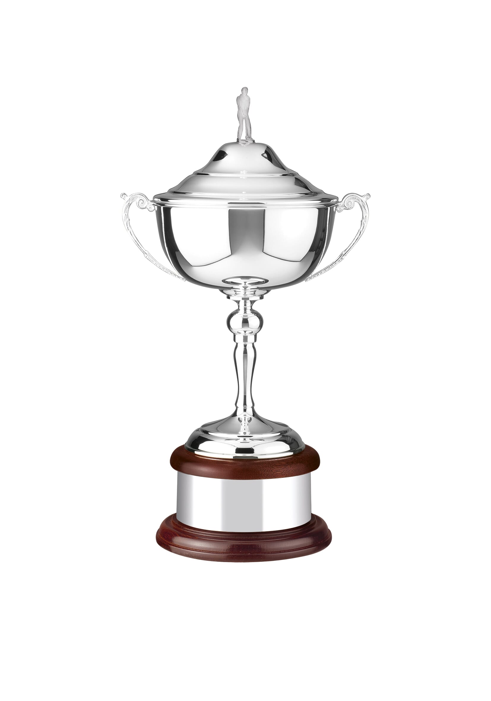 Silver plated loving cup style trophy, mounted on a round solid wooden base with a silver plinth band and topped with a golfing figure