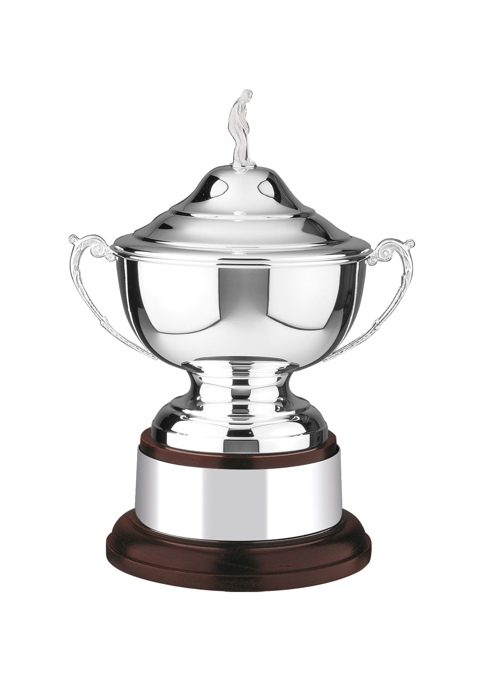Silver plated Golfing Challenge Bowl, mounted on a mahogany stained solid wooden plinth and topped with a traditional golfing figure