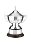 Silver plated Golfing Challenge Bowl, mounted on a mahogany stained solid wooden plinth and topped with a traditional golfing figure
