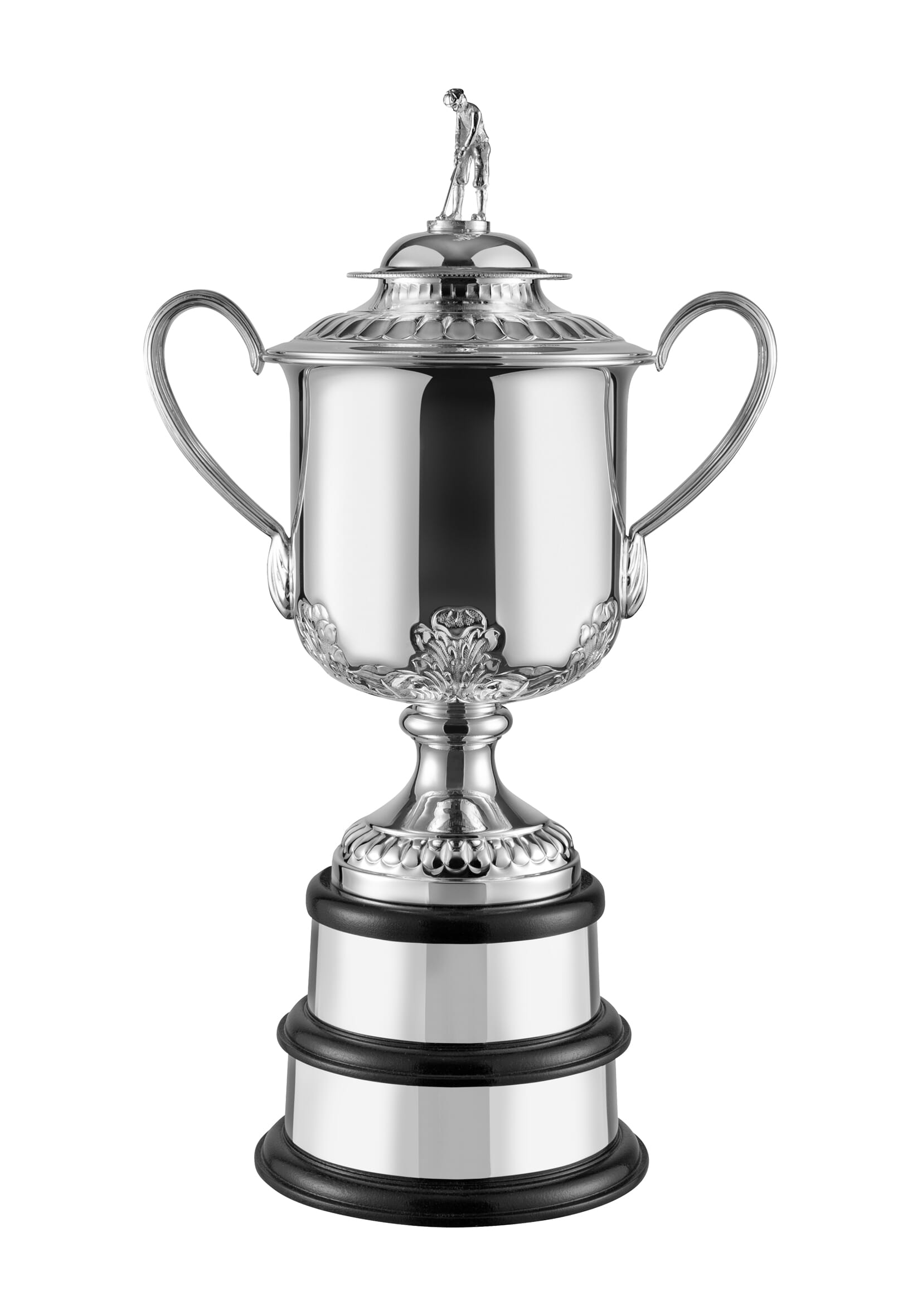 hand chased silver golf trophy on a two-tiered base, topped with a traditional golf figure