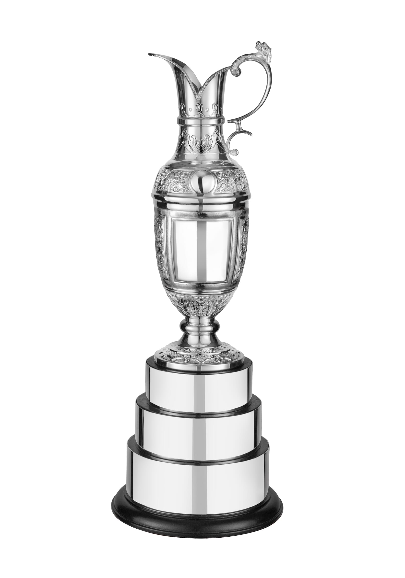 silver plated claret jug golf trophy with hand chased detail mounted on a cuved three tier base