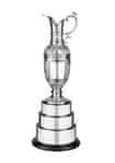 silver plated claret jug golf trophy with hand chased detail mounted on a cuved three tier base