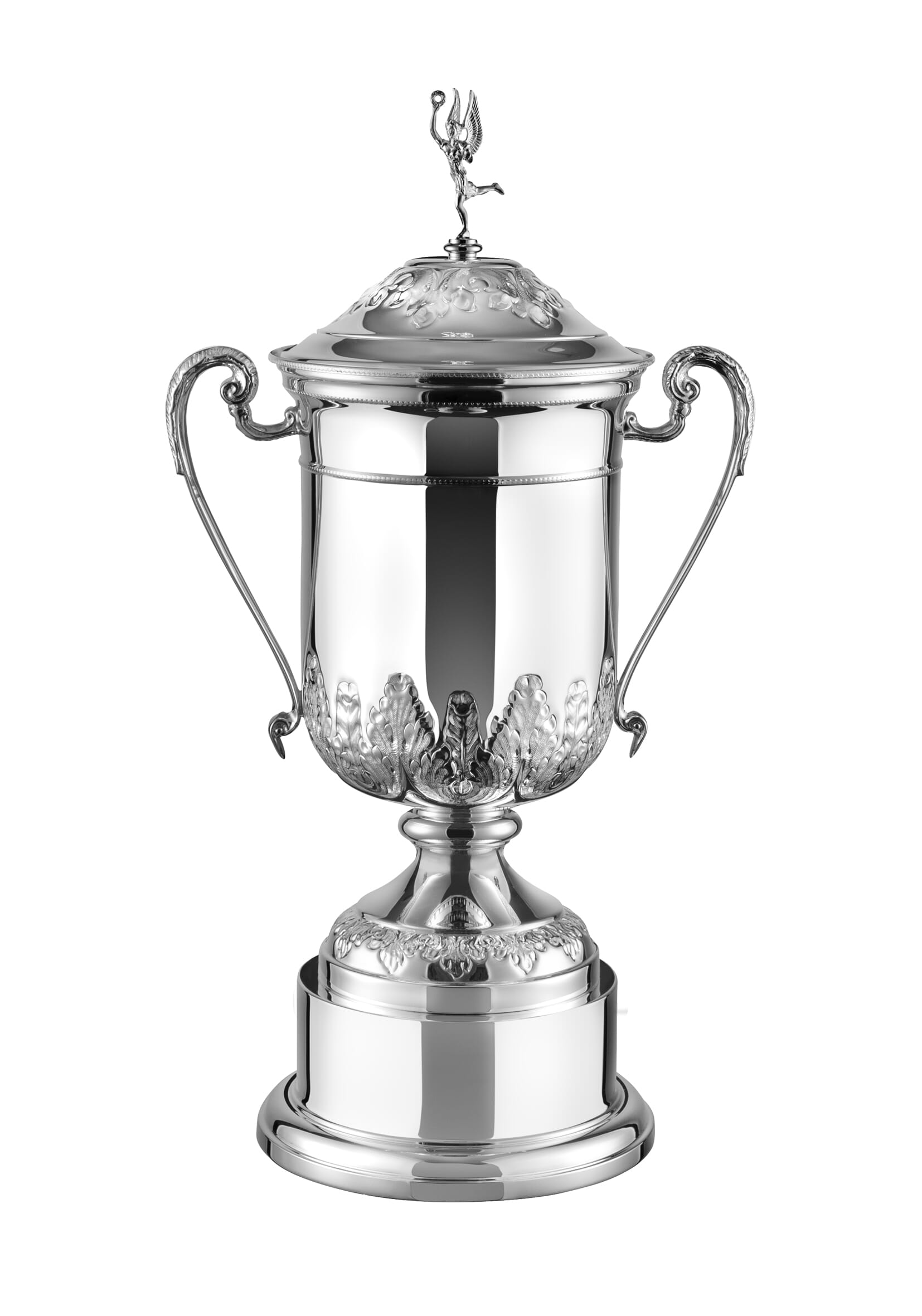 the hand chased silver congressional golf trophy cup with figure of Eros on the lid