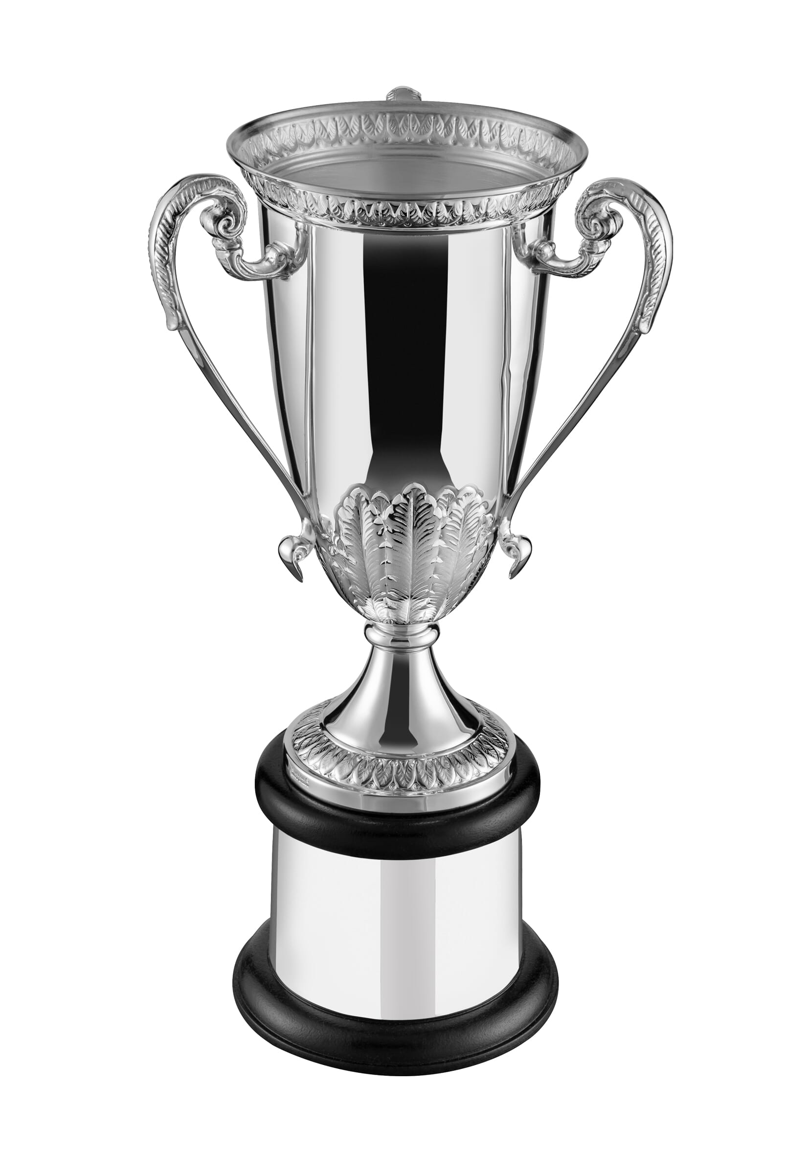 ornate vintage golf trophy cup with three handles, mounted on a black stained wooden base