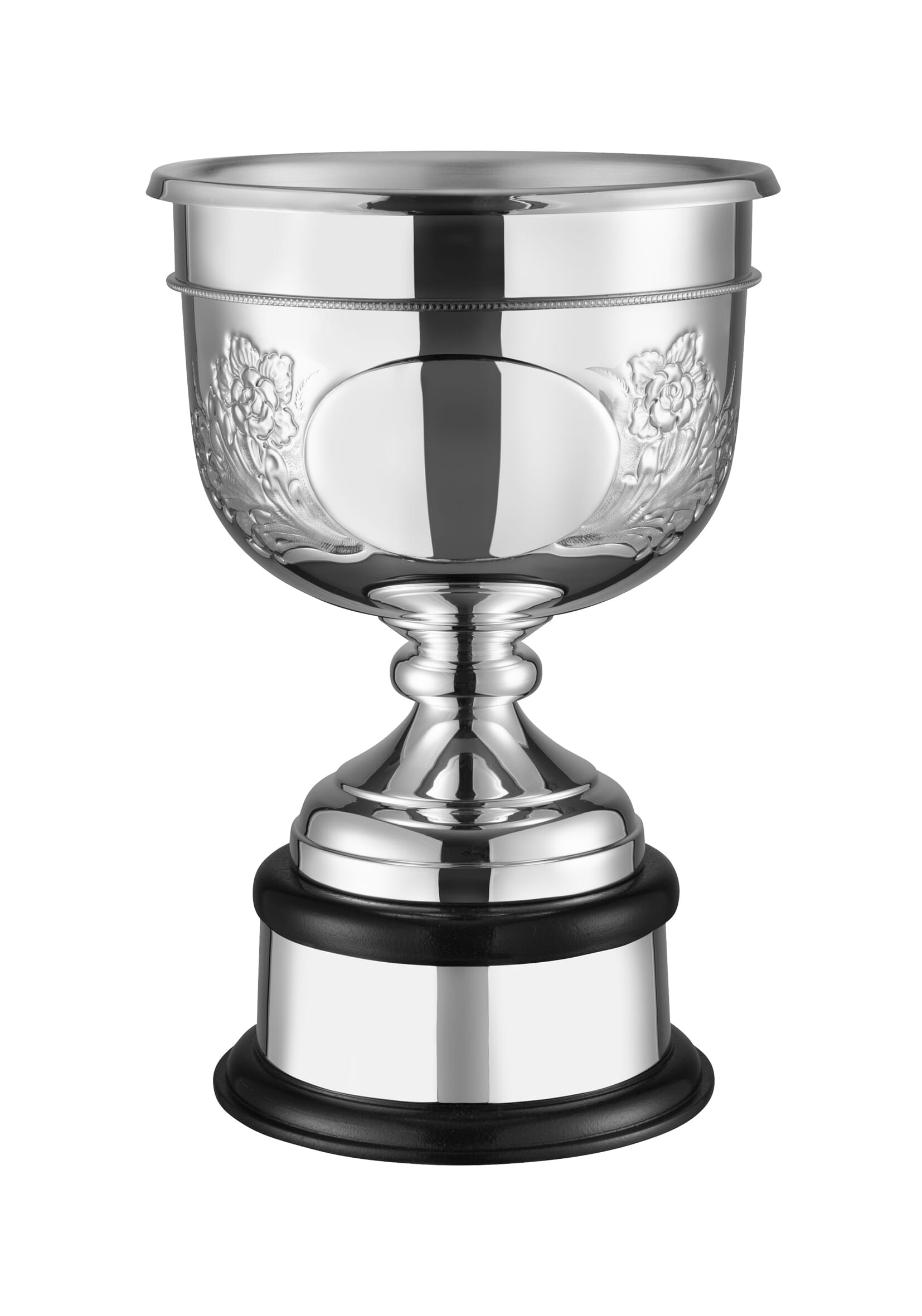 Silver plated bowl-style golf trophy with hand chased detail, mounted on a curved black wooden base and finished with a plinth band