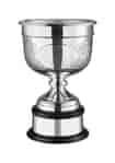 Silver plated bowl-style golf trophy with hand chased detail, mounted on a curved black wooden base and finished with a plinth band