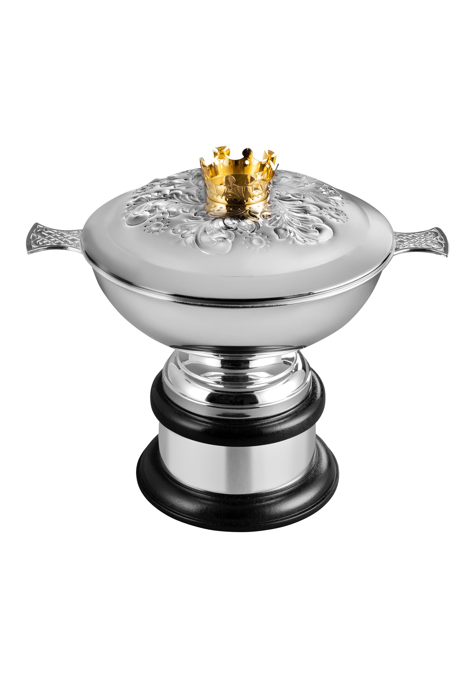 wide silver plated highlands golf trophy cup, mounted on a curved solid wood base and topped with a handmade gold crown on the lid. Finished with hand chased detail