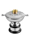 wide silver plated highlands golf trophy cup, mounted on a curved solid wood base and topped with a handmade gold crown on the lid. Finished with hand chased detail