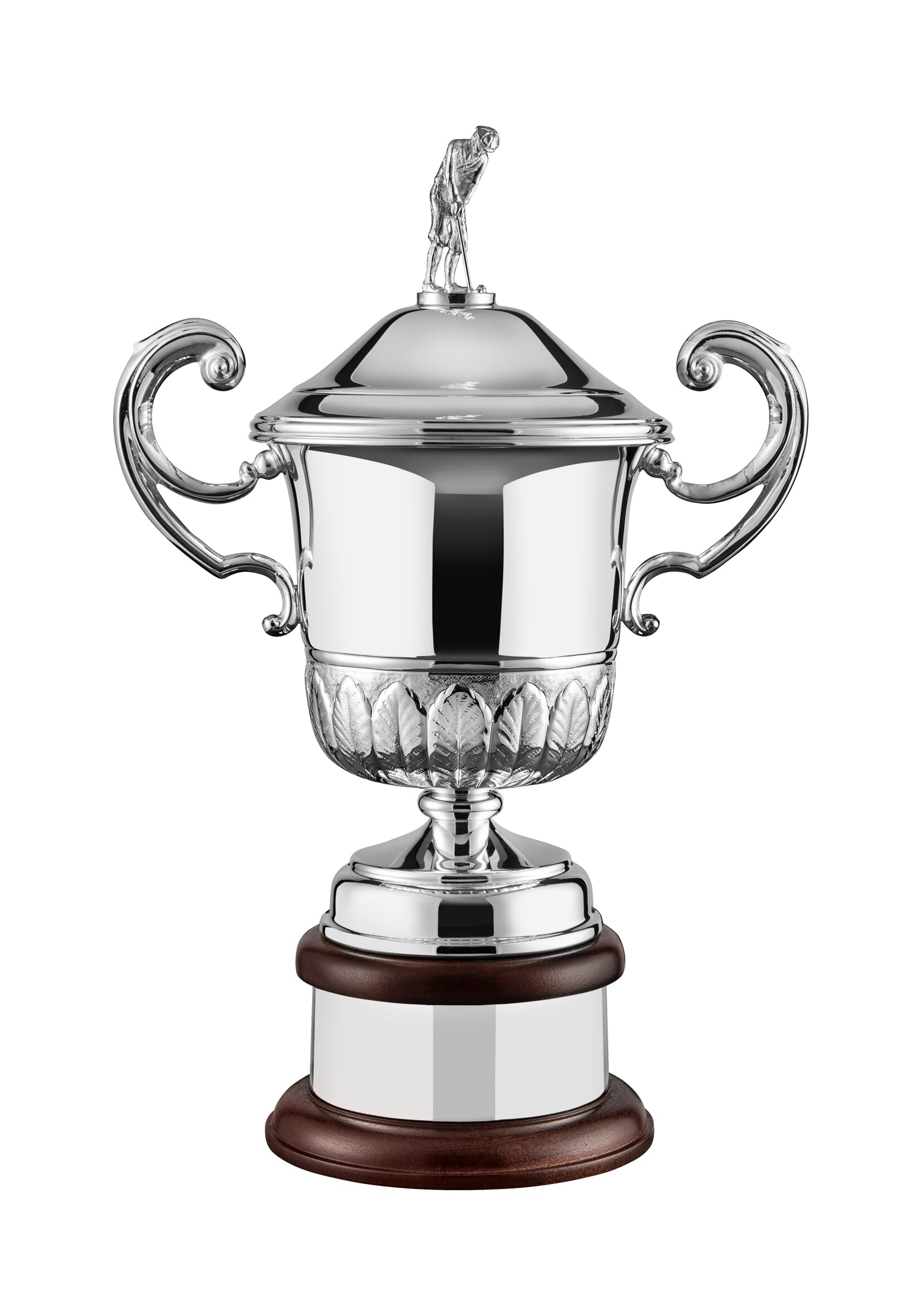 Silver plated Members Challenge trophy, with a hand chased cup, two curved handles and a lid topped with a traditional golfer figurine. Mounted on a mahogany stained wood base,