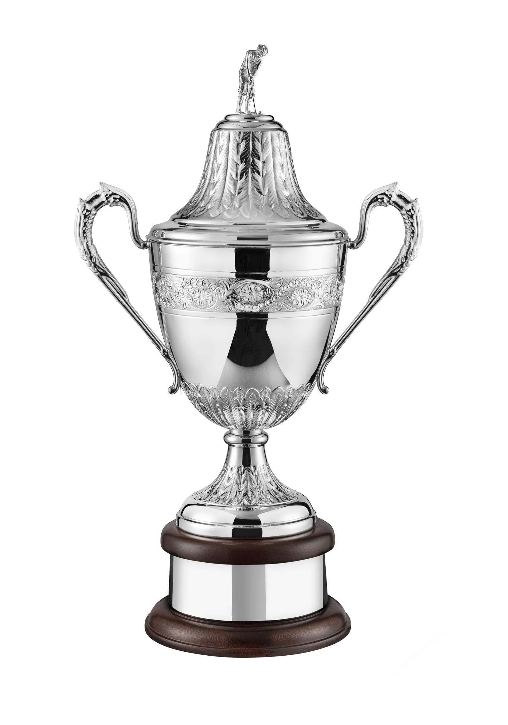 Silver-plated Riviera Golf Challenge Cup with hand chased details, mounted on a curved mahogany finish base and topped with a classic golfer figurine