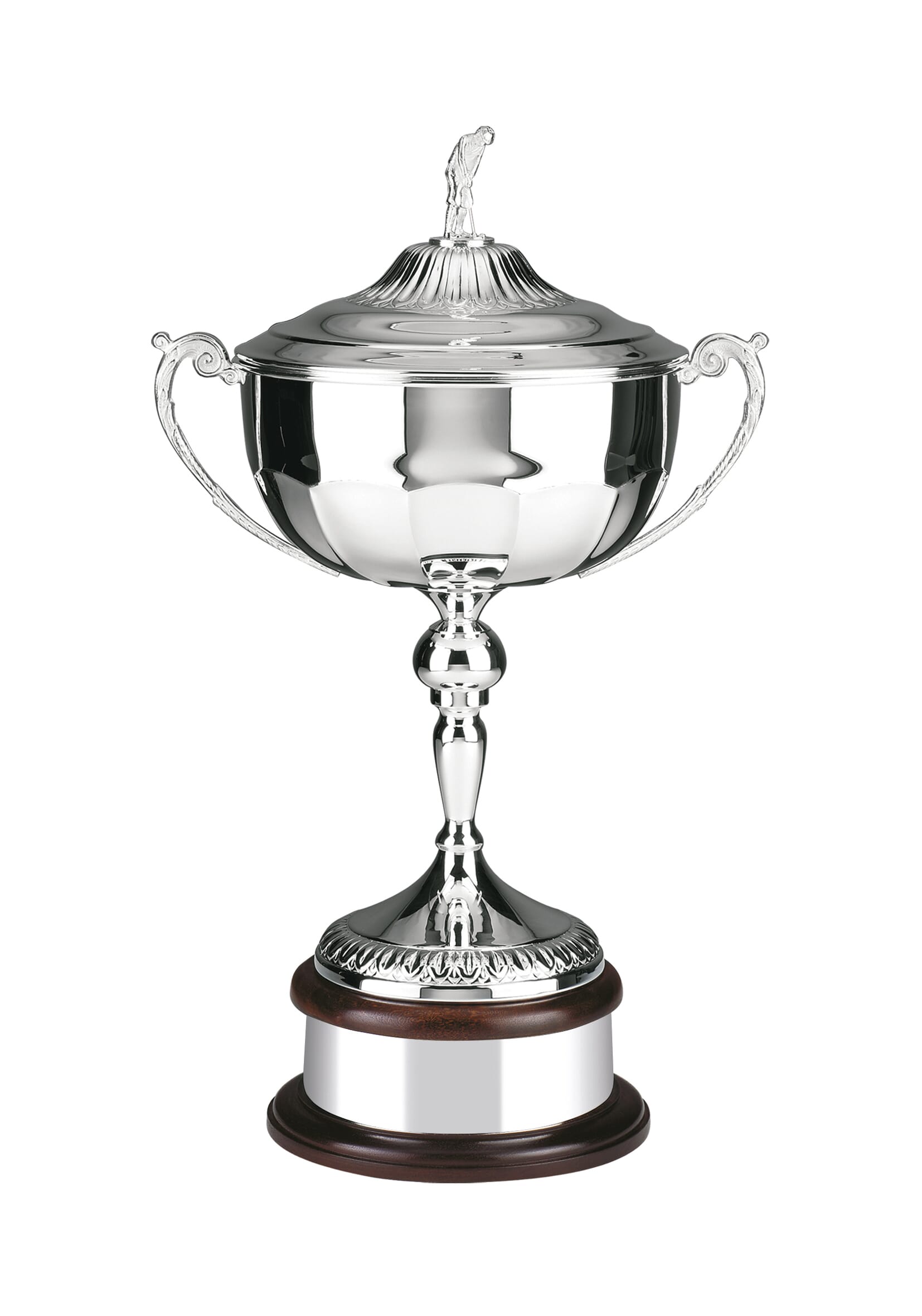 Loving cup-style trophy with a tall stem and short cup, mounted on a curved wooden base and topped with a golfer figurine
