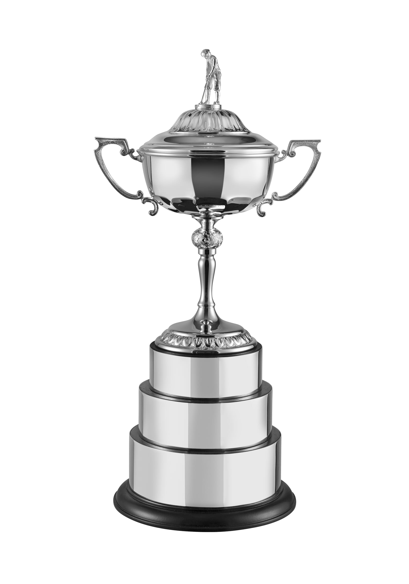 Silver-plated Match Play Golf Cup, mounted on a three-tier solid wooden base with a black stain finish. Complete with silver-plated plinth bands for customisation and topped with a classic golfer figure on the lid.