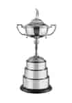 Silver-plated Match Play Golf Cup, mounted on a three-tier solid wooden base with a black stain finish. Complete with silver-plated plinth bands for customisation and topped with a classic golfer figure on the lid.