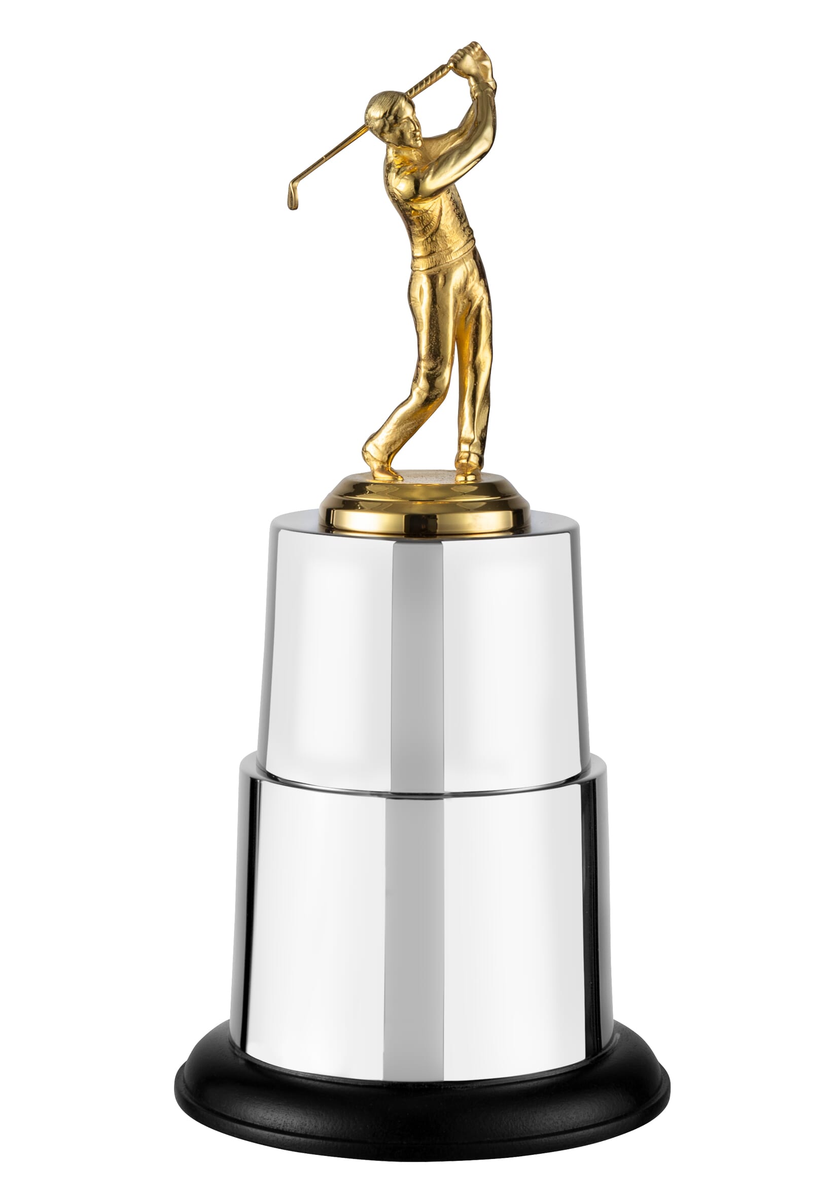 2-tiered silver winners golf trophy mounted with a solid brass gold plated golf figure