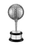 hand chased silver plated golf ball tropy mounted on a golf tee on a solid wooden base, finished with a silver plated plinth band
