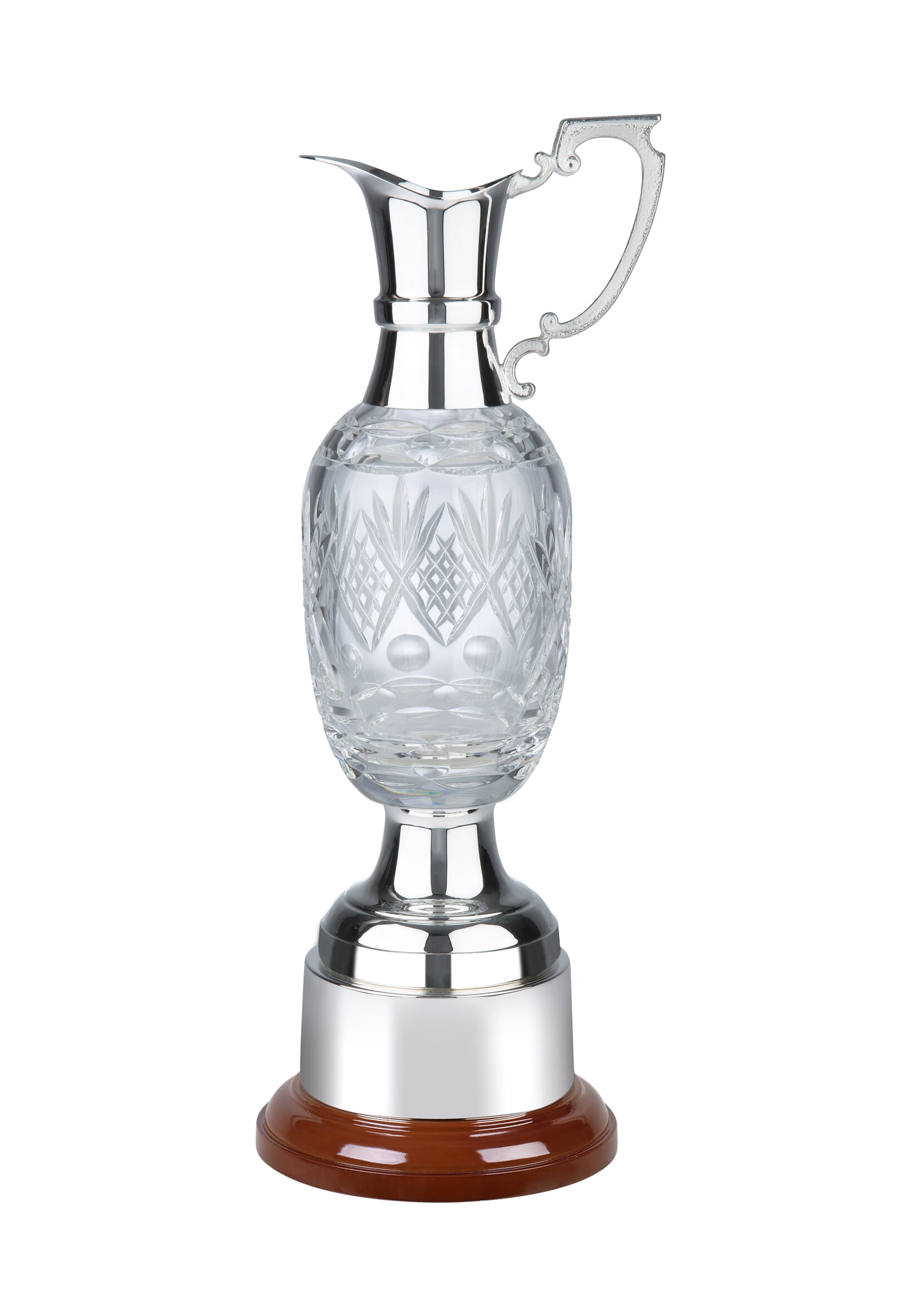 Classic claret jug trophy with a crystal body and nickel plated feet and tops, mounted on a rosewood finish base and complete with plinth band