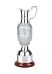 Classic claret jug trophy with a crystal body and nickel plated feet and tops, mounted on a rosewood finish base and complete with plinth band