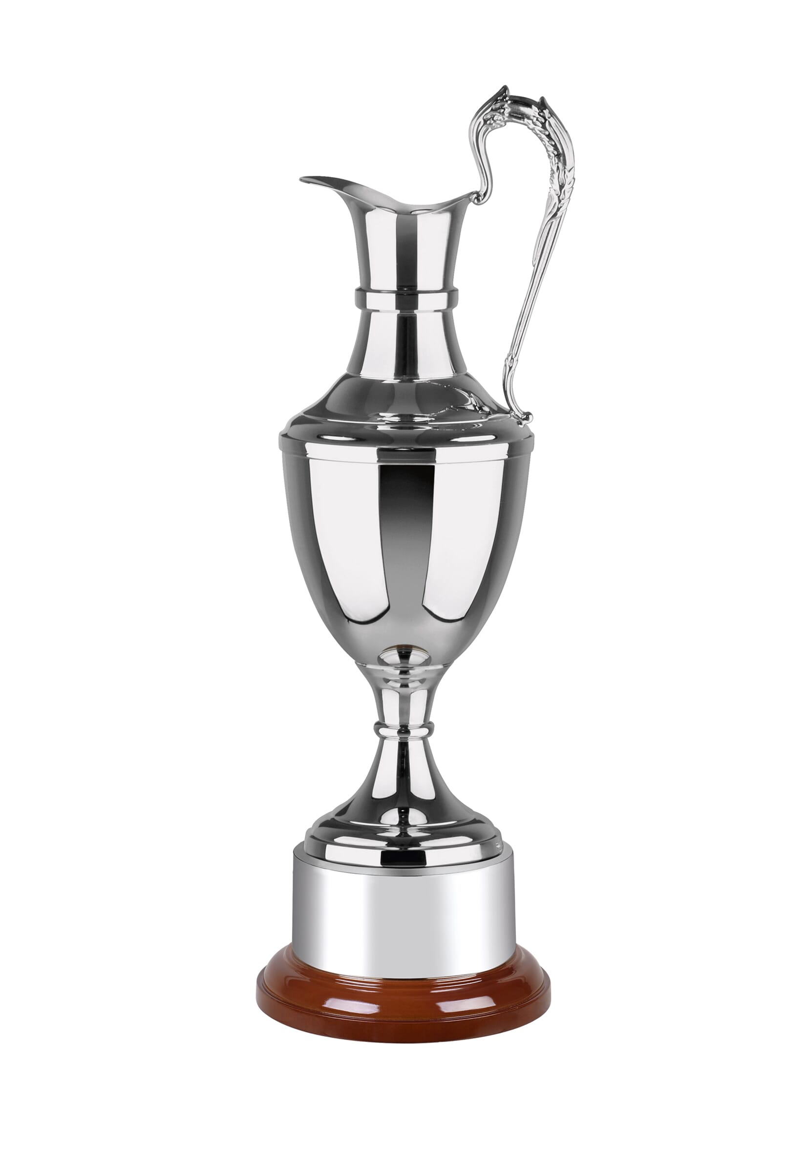 Classic claret jug trophy with a shiny nickel plated finish, mounted on a curved rosewood finish base.
