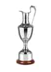 Classic claret jug trophy with a shiny nickel plated finish, mounted on a curved rosewood finish base.
