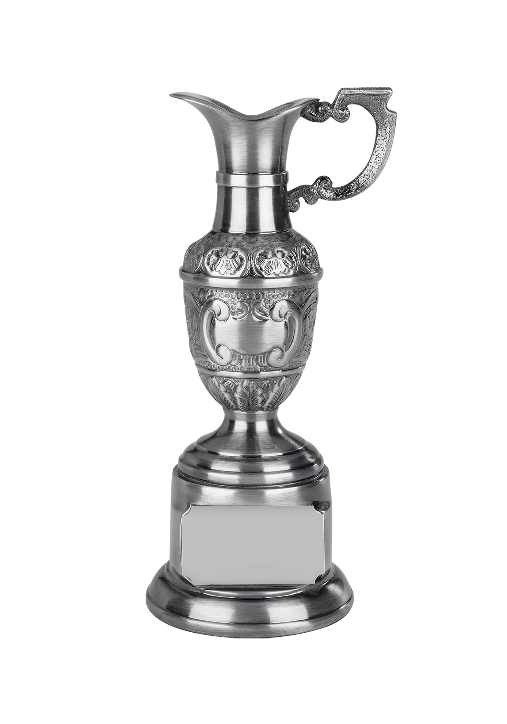Silver resin claret jug trophy with antique style finish, mounted on a base with space for an engraving plate