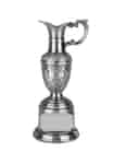 Silver resin claret jug trophy with antique style finish, mounted on a base with space for an engraving plate