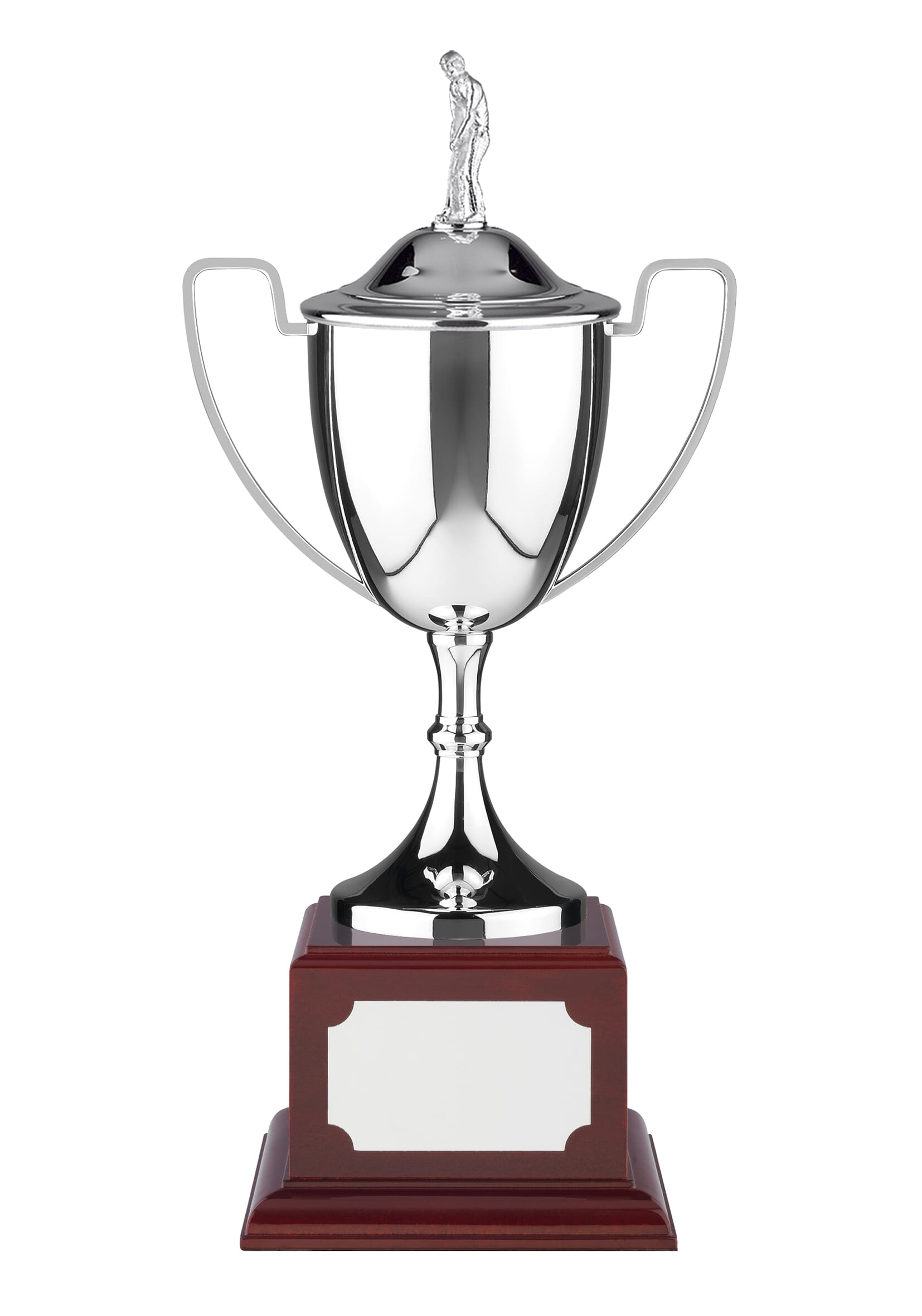 Silver nickel-plated golf trophy with plain handles, mounted on a square base with an unengraved name plate. Complete with lid topped with a figurine of a golfer.