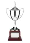 Silver nickel-plated golf trophy with plain handles, mounted on a square base with an unengraved name plate. Complete with lid topped with a figurine of a golfer.