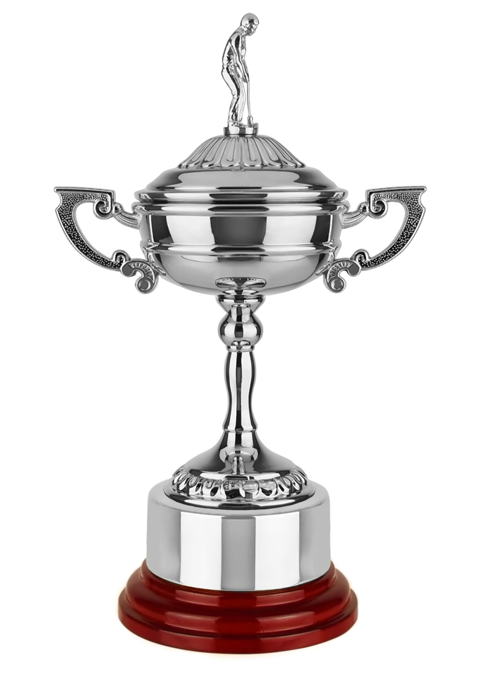 Nickel plated loving cup style trophy with long stem and short cup with ornate handles, mounted on a curved base and topped with a lid sporting a traditional golfer figurine.