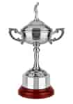 Nickel plated loving cup style trophy with long stem and short cup with ornate handles, mounted on a curved base and topped with a lid sporting a traditional golfer figurine.