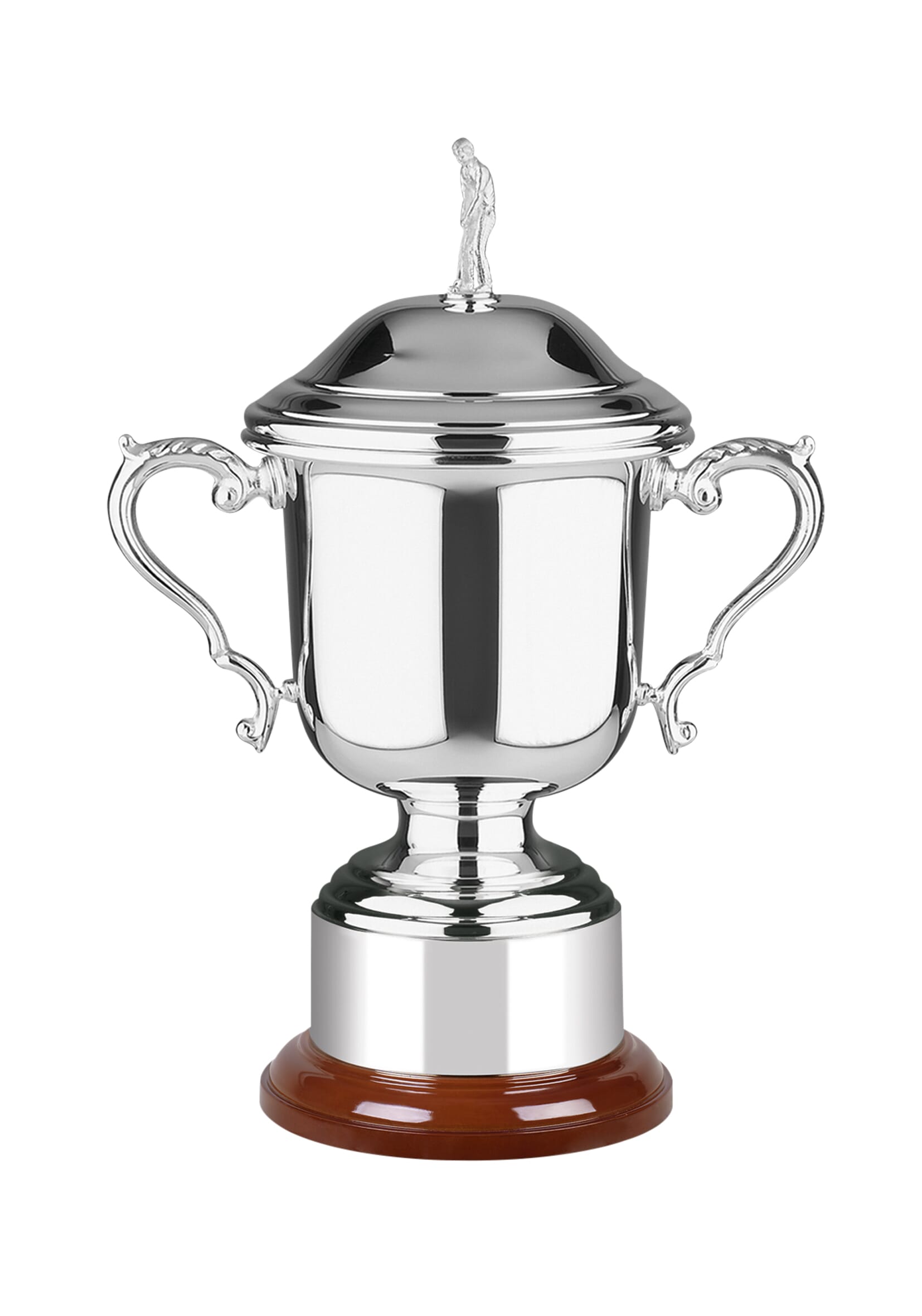 silver plated wentworth golf trophy cup, topped with traditional golfer figurine and mounted on a rosewood finish base.