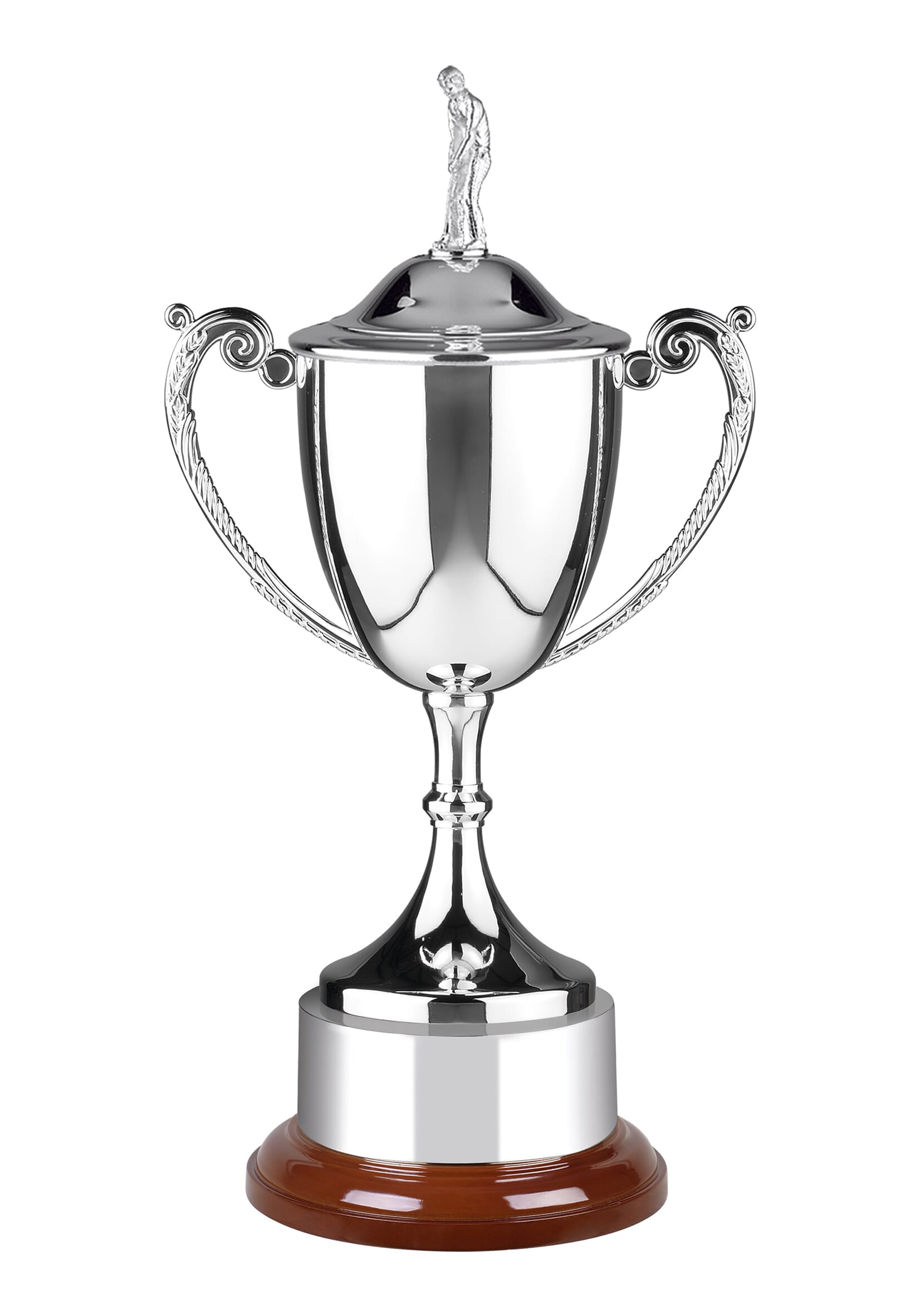 classic golf trophy with ornate handles, mounted on a round rosewood finish base and topped with a lid featuring a golfer figurine