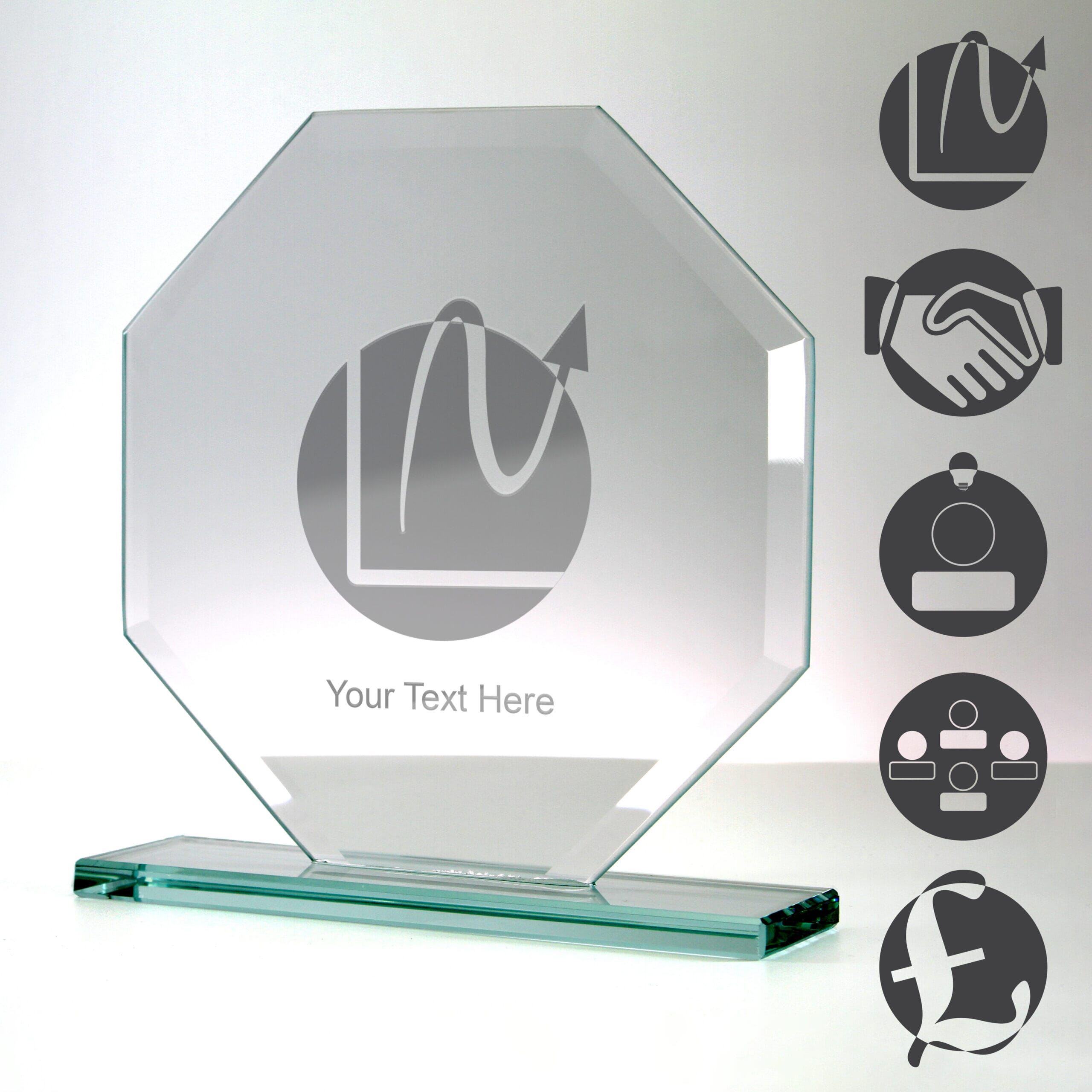 The Oblivion crystal trophy with five examples of corporate themed engraving