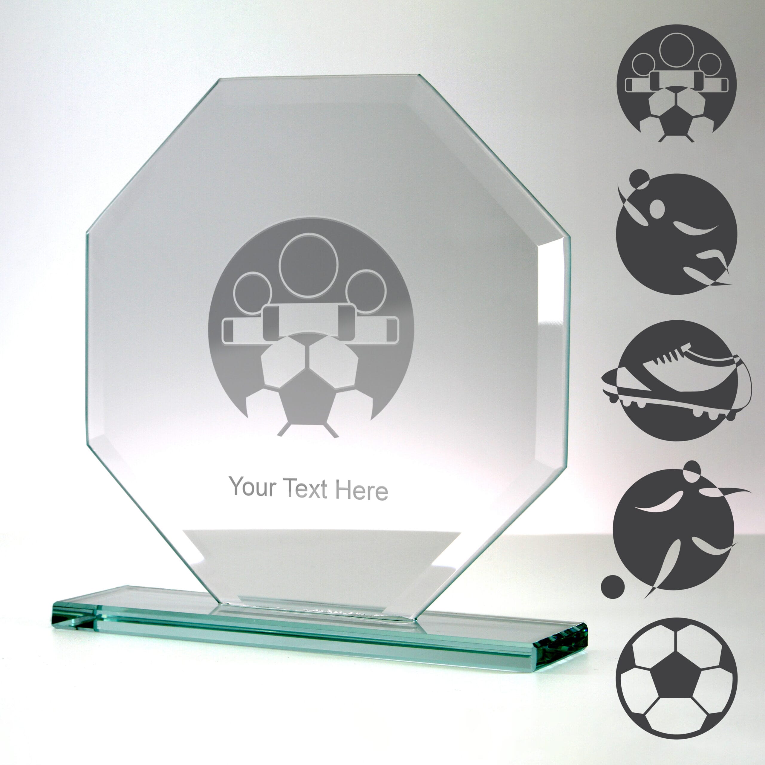 octagonal football trophy with examples of football engraving