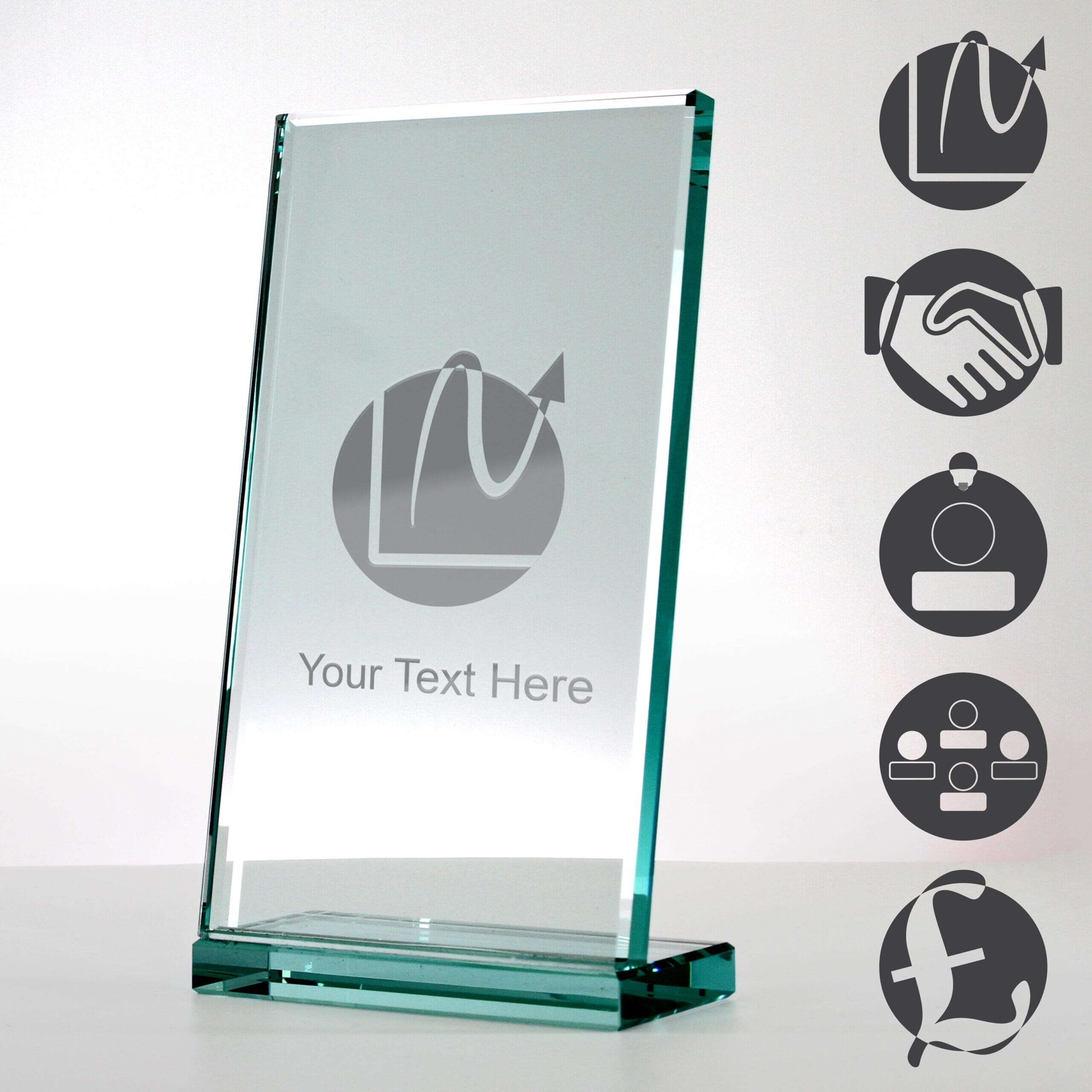 modern angled glass trophy with five examples of corporate themed engraving