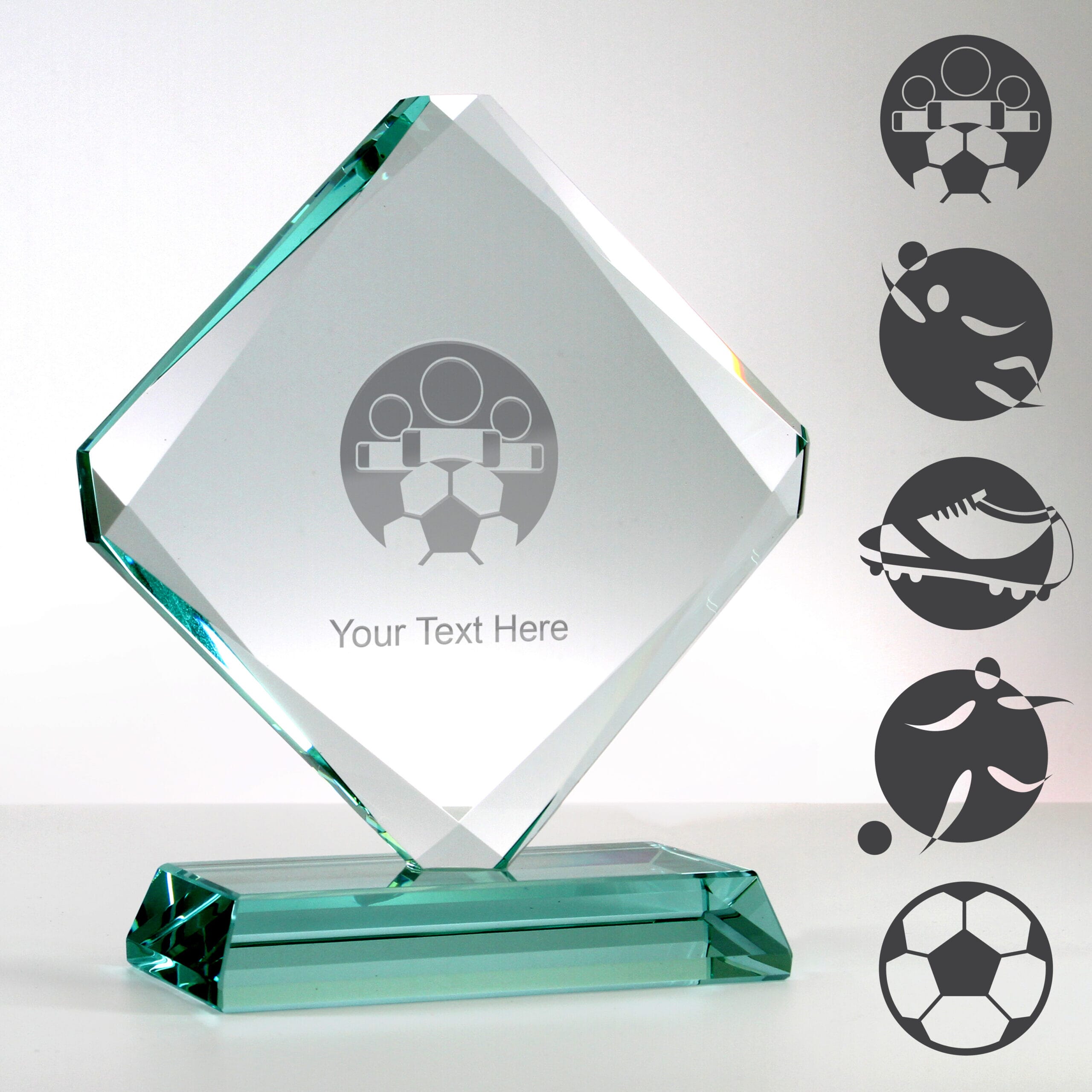 glass diamond football trophy with examples of football engraving