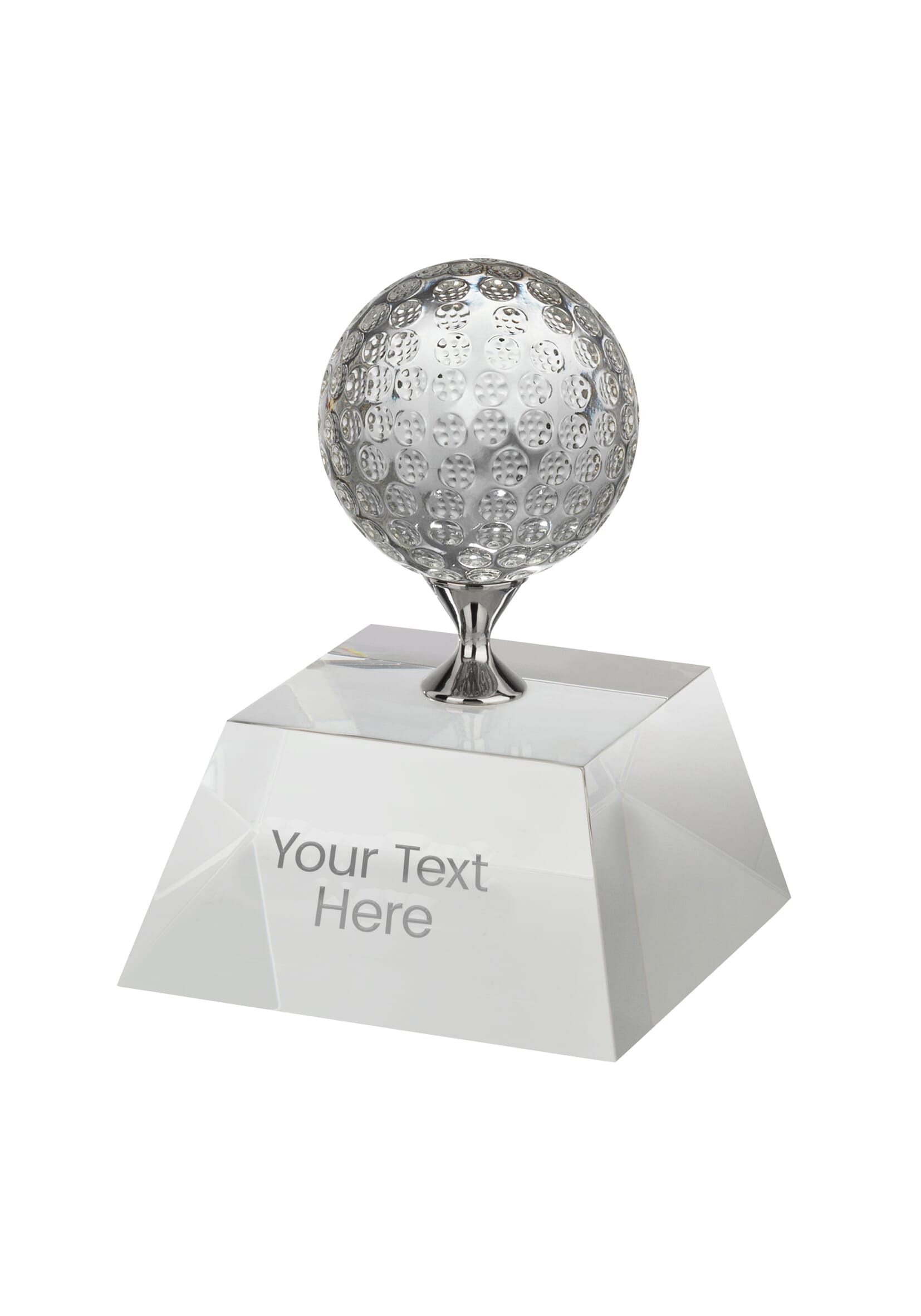 crystal golf ball trophy featuring a Tapered crystal base topped with a crystal golf ball on a metal tee